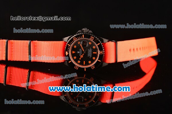 Rolex Submariner Asia 2813 Automatic PVD Case with Orange Markers Carbon Fiber Dial and Orange Nylon Strap - Click Image to Close